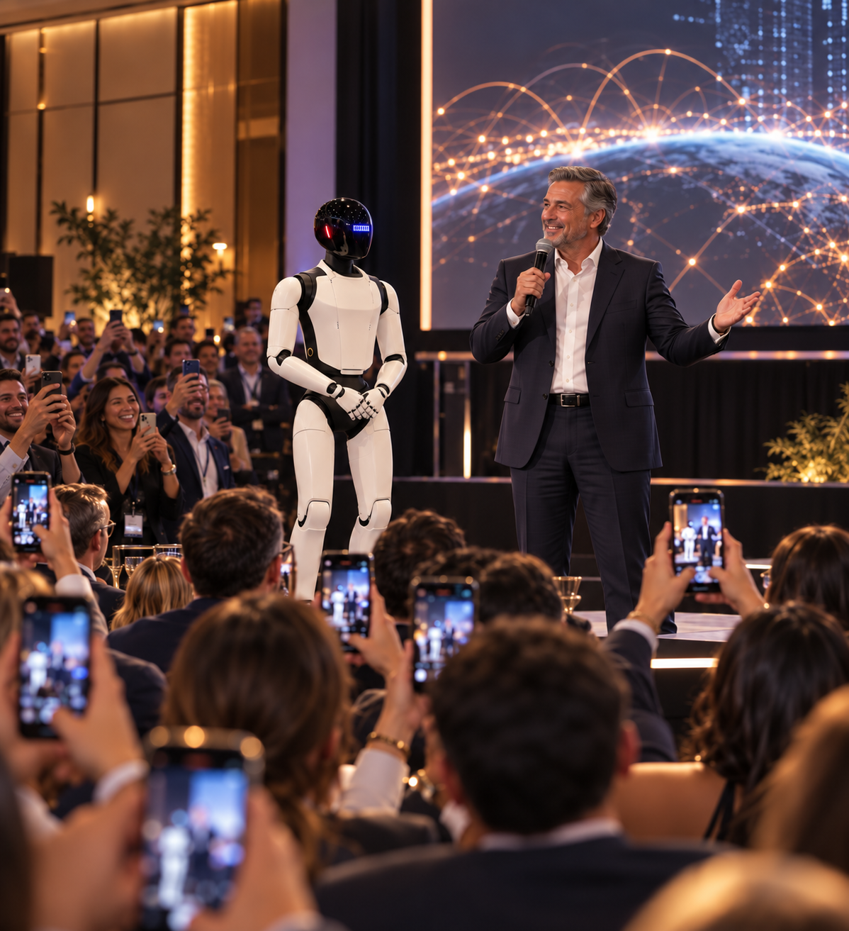 BOB Strong standing on stage next to a speaker at a corporate event